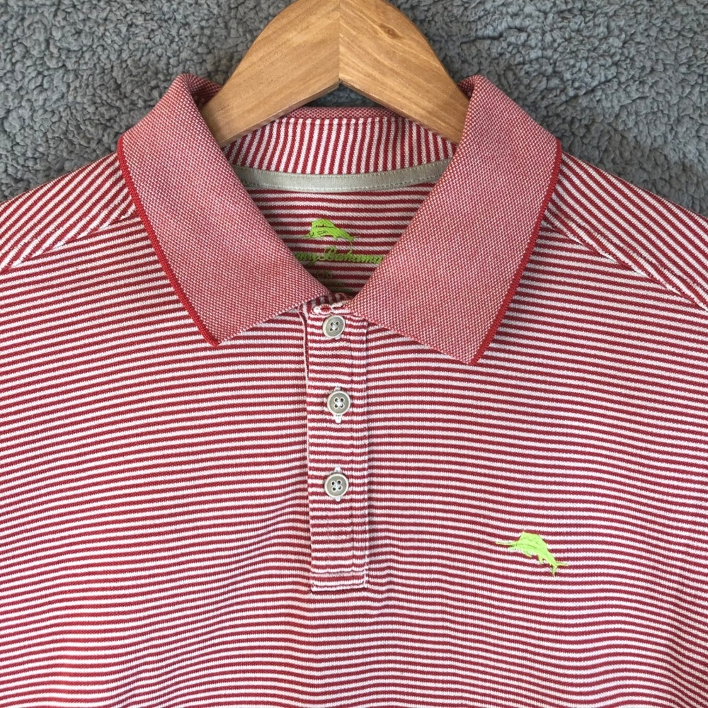 Tommy Bahama Mens Large Red White Striped Short Sleeve Marlin Polo Shirt - Picture 3 of 12